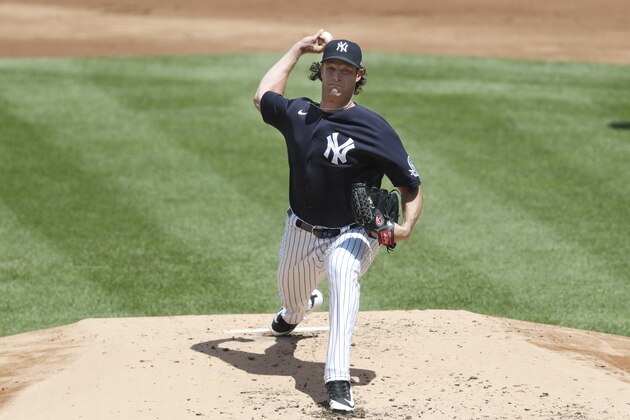 New York Yankees starting pitcher Gerrit Cole delivers during an intrasquad game in baseball summer training camp Sunday, July 12, 2020, at Yankee Stadium in New York. (AP Photo/Kathy Willens)