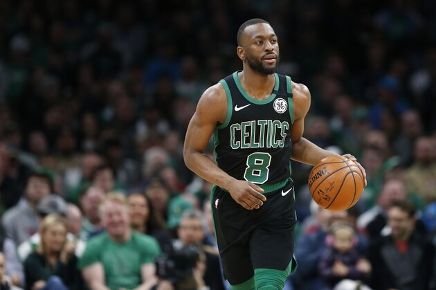 Boston Celtics' Kemba Walker plays against against the Oklahoma City Thunder during an NBA basketball game, Sunday, March, 8, 2020, in Boston. (AP Photo/Michael Dwyer)