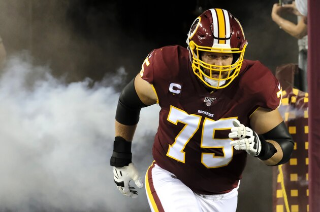 Washington Redskins offensive guard Brandon Scherff runs onto the field prior to during an NFL football game against the Chicago Bears, Monday, Sept. 23, 2019, in Landover, Md. (AP Photo/Mark Tenally)