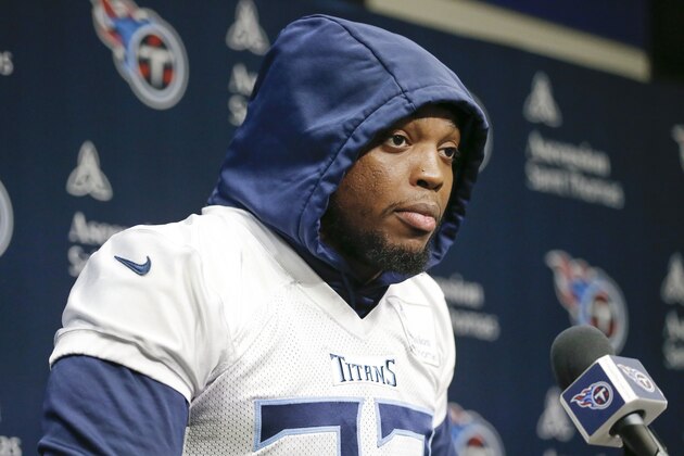 Tennessee Titans running back Derrick Henry answers questions before an NFL football practice Thursday, Jan. 16, 2020, in Nashville, Tenn. The Titans are scheduled to face the Kansas City Chiefs in the AFC Championship game Sunday. (AP Photo/Mark Humphrey)