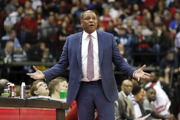 HOUSTON, TEXAS - MARCH 05: Head coach Doc Rivers of the LA Clippers reacts in the first half against the Houston Rockets at Toyota Center on March 05, 2020 in Houston, Texas.  NOTE TO USER: User expressly acknowledges and agrees that, by downloading and or using this photograph, User is consenting to the terms and conditions of the Getty Images License Agreement. (Photo by Tim Warner/Getty Images)