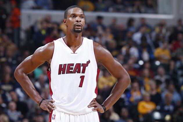 INDIANAPOLIS, IN - NOVEMBER 6: Chris Bosh #1 of the Miami Heat looks on against the Indiana Pacers during a game at Bankers Life Fieldhouse on November 6, 2015 in Indianapolis, Indiana. The Pacers defeated the Heat 90-87. NOTE TO USER: User expressly acknowledges and agrees that, by downloading and or using the photograph, User is consenting to the terms and conditions of the Getty Images License Agreement. (Photo by Joe Robbins/Getty Images)