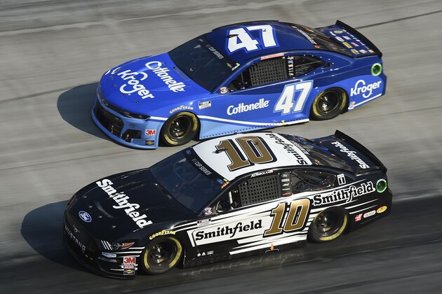 BRISTOL, TENNESSEE - JULY 15: Aric Almirola, driver of the #10 Smithfield Ford, races Ricky Stenhouse Jr., driver of the #47 Kroger/Cottonelle Chevrolet, during the NASCAR Cup Series All-Star Open at Bristol Motor Speedway on July 15, 2020 in Bristol, Tennessee. (Photo by Jared C. Tilton/Getty Images)