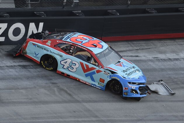 BRISTOL, TENNESSEE - JULY 15: Bubba Wallace, driver of the #43 World Wide Technology Chevrolet, spins during the NASCAR Cup Series All-Star Open at Bristol Motor Speedway on July 15, 2020 in Bristol, Tennessee. (Photo by Jared C. Tilton/Getty Images)