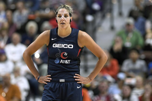 Washington Mystics' Elena Delle Donne stands on the court during the second half in Game 3 of basketball's WNBA Finals, Sunday, Oct. 6, 2019, in Uncasville, Conn. (AP Photo/Jessica Hill)