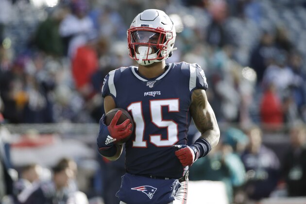 New England Patriots wide receiver N'Keal Harry warms up before an NFL football game against the Miami Dolphins, Sunday, Dec. 29, 2019, in Foxborough, Mass. (AP Photo/Elise Amendola)