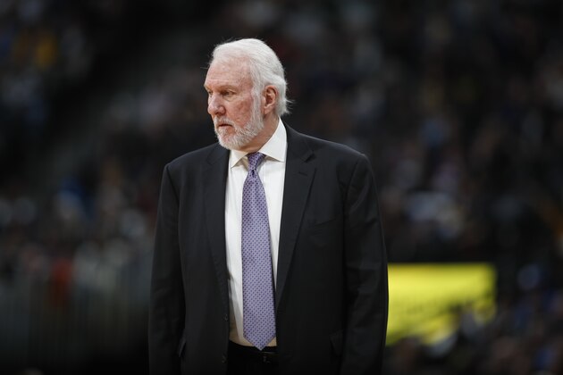 San Antonio Spurs head coach Gregg Popovich in the second half of an NBA basketball game Monday, Feb.10, 2020, in Denver. The Nuggets won 127-120. (AP Photo/David Zalubowski) San Antonio Spurs head coach Gregg Popovich in the second half of an NBA basketball game Monday, Feb.10, 2020, in Denver. The Nuggets won 127-120. (AP Photo/David Zalubowski)