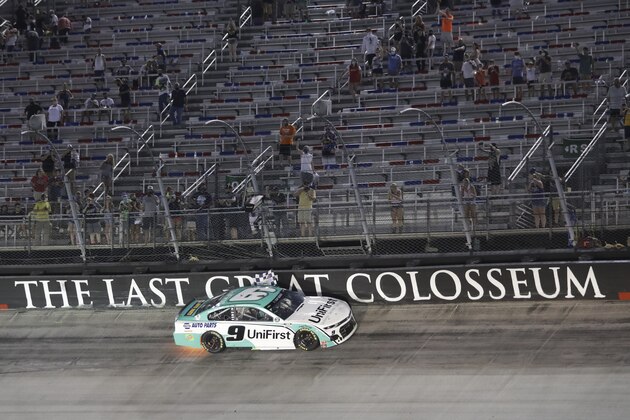 Chase Elliott celebrates does a victory lap after winning a NASCAR All-Star auto race at Bristol Motor Speedway in Bristol, Tenn, Wednesday, July 15, 2020. (AP Photo/Mark Humphrey) Chase Elliott celebrates does a victory lap after winning a NASCAR All-Star auto race at Bristol Motor Speedway in Bristol, Tenn, Wednesday, July 15, 2020. (AP Photo/Mark Humphrey)
