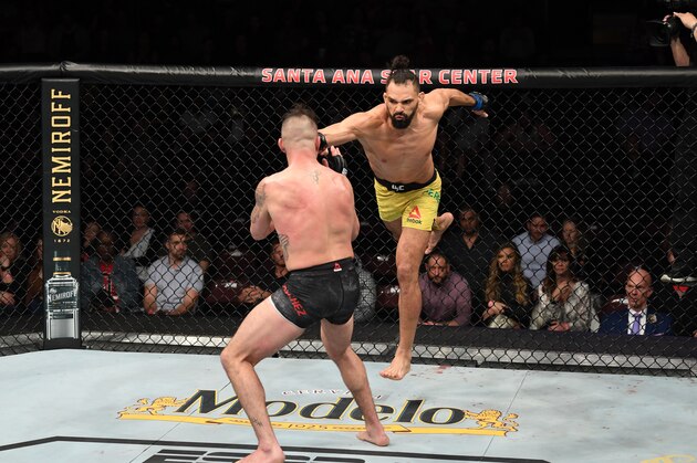 RIO RANCHO, NEW MEXICO - FEBRUARY 15:  (R-L) Michel Pereira punches Diego Sanchez in their welterweight bout during the UFC Fight Night event at Santa Ana Star Center on February 15, 2020 in Rio Rancho, New Mexico. (Photo by Josh Hedges/Zuffa LLC via Getty Images)