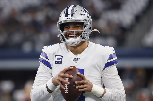 Dallas Cowboys quarterback Dak Prescott (4) prior to an NFL football game against the Washington Redskins in Arlington, Texas, Sunday, Dec. 15, 2019. (AP Photo/Ron Jenkins)