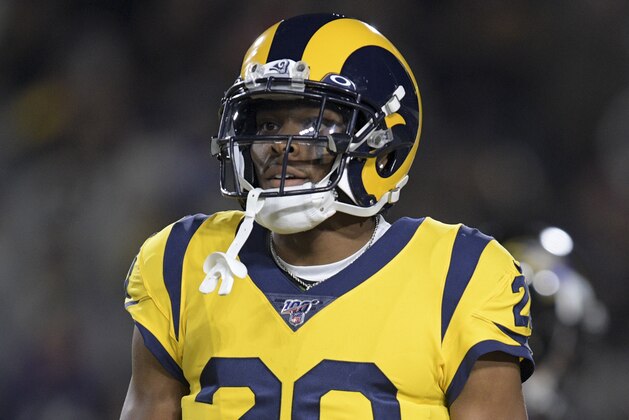 Los Angeles Rams cornerback Jalen Ramsey shows his disappointment after the team gave up a touchdown in an NFL football game against the Baltimore Ravens Monday, Nov. 25, 2019, in Los Angeles. (AP Photo/Kyusung Gong)