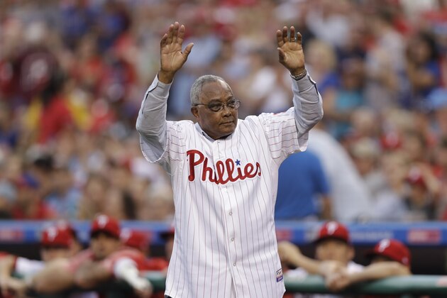 Former Philadelphia Phillies' Tony Taylor waves to the crowd before a baseball game against the New York Mets, Saturday, Aug. 12, 2017, in Philadelphia. (AP Photo/Matt Slocum)