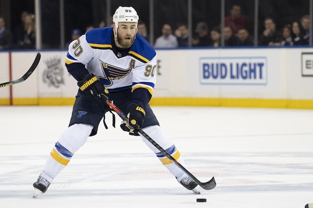 St. Louis Blues center Ryan O'Reilly controls the puck during the first period of an NHL hockey game against the New York Rangers, Tuesday, March 3, 2020, at Madison Square Garden in New York. (AP Photo/Mary Altaffer)