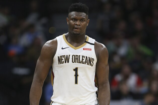 New Orleans Pelicans' Zion Williamson in the second half of an NBA basketball game against the Minnesota Timberwolves, Sunday, March 8, 2020, in Minneapolis. The Pelicans won 120-107. (AP Photo/Stacy Bengs)