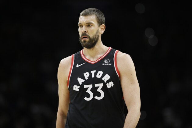 Toronto Raptors' Marc Gasol plays during an NBA basketball game against the Philadelphia 76ers, Sunday, Dec. 8, 2019, in Philadelphia. (AP Photo/Matt Slocum) Toronto Raptors' Marc Gasol plays during an NBA basketball game against the Philadelphia 76ers, Sunday, Dec. 8, 2019, in Philadelphia. (AP Photo/Matt Slocum)
