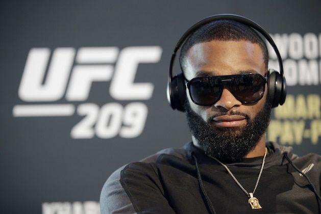 Tyron Woodley speaks with the media during a news conference for UFC 209, Thursday, March 2, 2017, in Las Vegas. Woodley is scheduled to fight Stephen Thompson in a welterweight championship fight Saturday in Las Vegas. (AP Photo/John Locher)