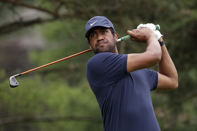 Tony Finau hits from the second tee during the first round of the Memorial golf tournament, Thursday, July 16, 2020, in Dublin, Ohio. (AP Photo/Darron Cummings)