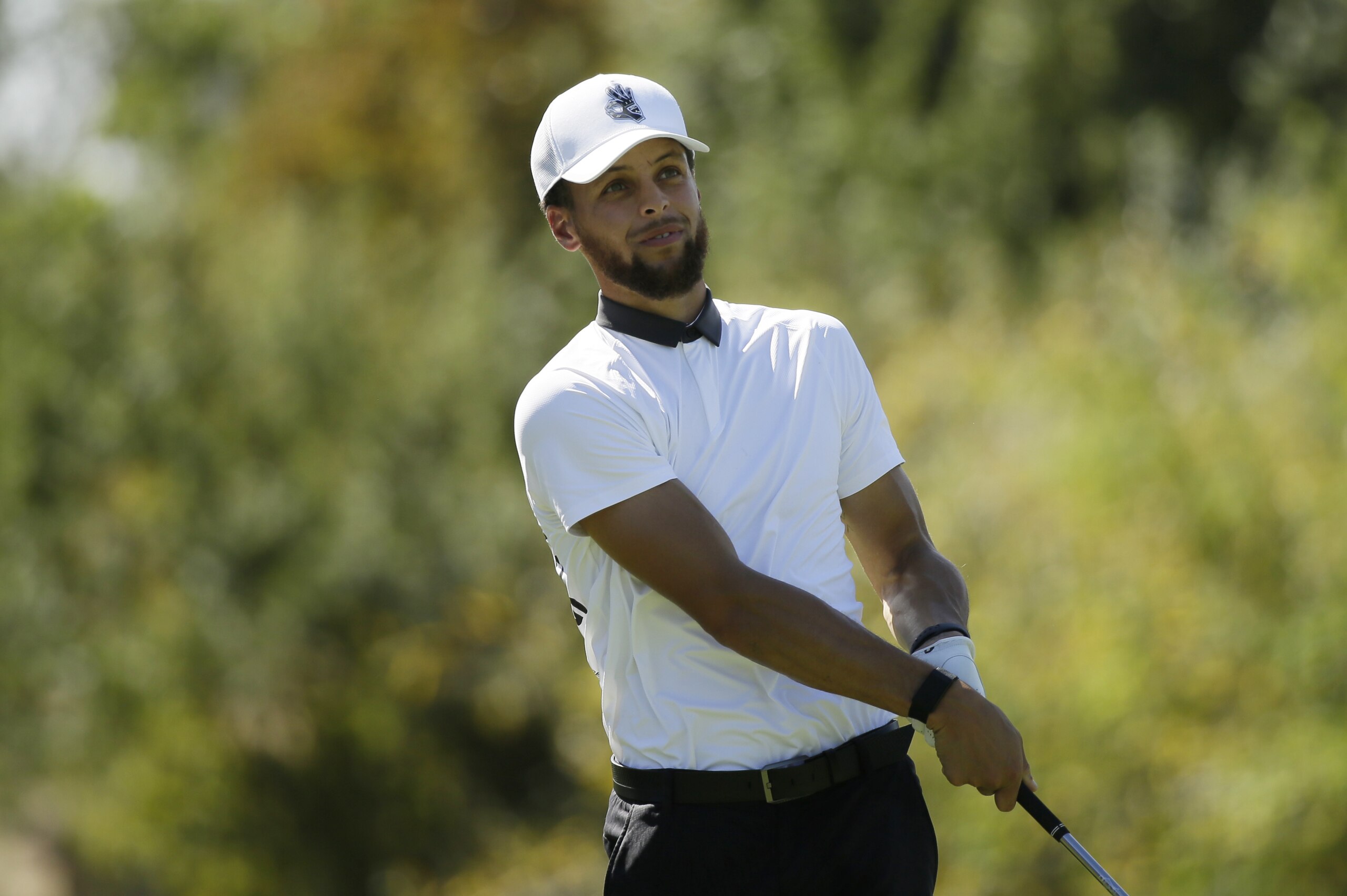 Stephen Curry on the Silverado Resort North Course during the pro-am event of the Safeway Open PGA golf tournament Wednesday, Sept. 25, 2019, in Napa, Calif. (AP Photo/Eric Risberg)