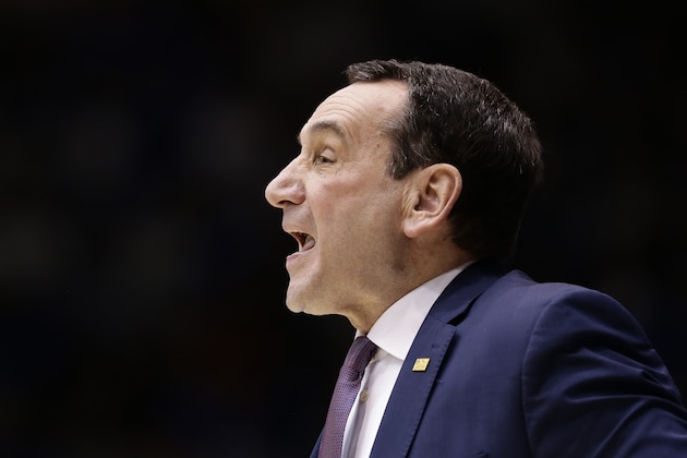 Duke head coach Mike Krzyzewski yells during the first half of an NCAA college basketball game against Notre Dame in Durham, N.C., Saturday, Feb. 15, 2020. (AP Photo/Gerry Broome)