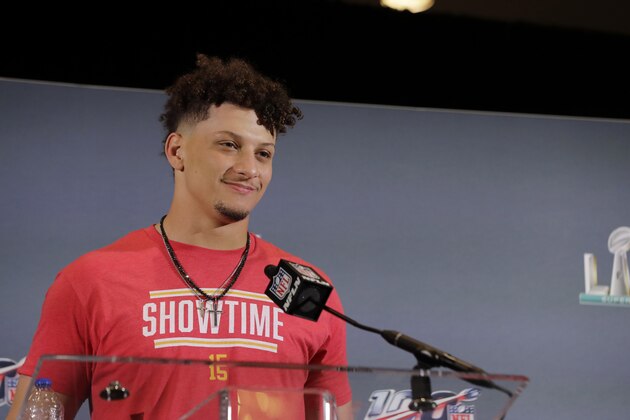Kansas City Chiefs quarterback Patrick Mahomes (15) speaks during a news conference on Monday, Feb. 3, 2020, in Miami after winning the NFL Super Bowl 54 football game. (AP Photo/Brynn Anderson)