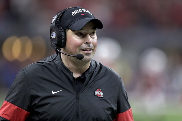 FILE - In this Saturday, Dec. 7, 2019, file photo, Ohio State coach Ryan Day watches during the second half of the team's Big Ten championship NCAA college football game against Wisconsin in Indianapolis. A year ago, Day was a relatively unknown Ohio State assistant. This December he's reigning Big Ten coach of the year and is eyeing a national title after leading the Buckeyes to a 13-0 record as the successor to the retiring Urban Meyer. (AP Photo/Michael Conroy, File)