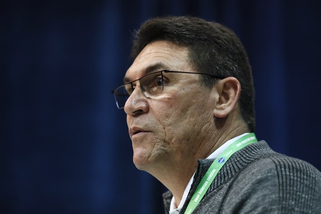 Washington Redskins head coach Ron Rivera speaks during a press conference at the NFL football scouting combine in Indianapolis, Wednesday, Feb. 26, 2020. (AP Photo/Charlie Neibergall)