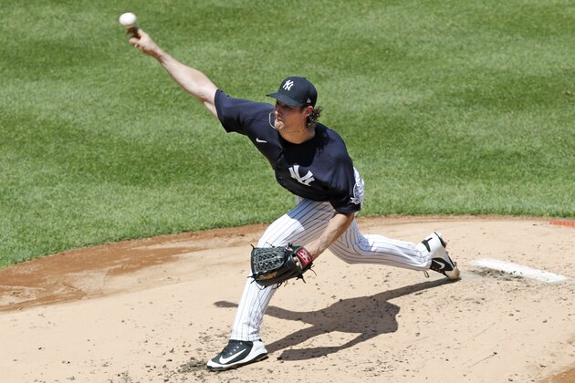 New York Yankees starting pitcher Gerrit Cole delivers during an intrasquad game in baseball summer training camp Sunday, July 12, 2020, at Yankee Stadium in New York. (AP Photo/Kathy Willens) New York Yankees starting pitcher Gerrit Cole delivers during an intrasquad game in baseball summer training camp Sunday, July 12, 2020, at Yankee Stadium in New York. (AP Photo/Kathy Willens)