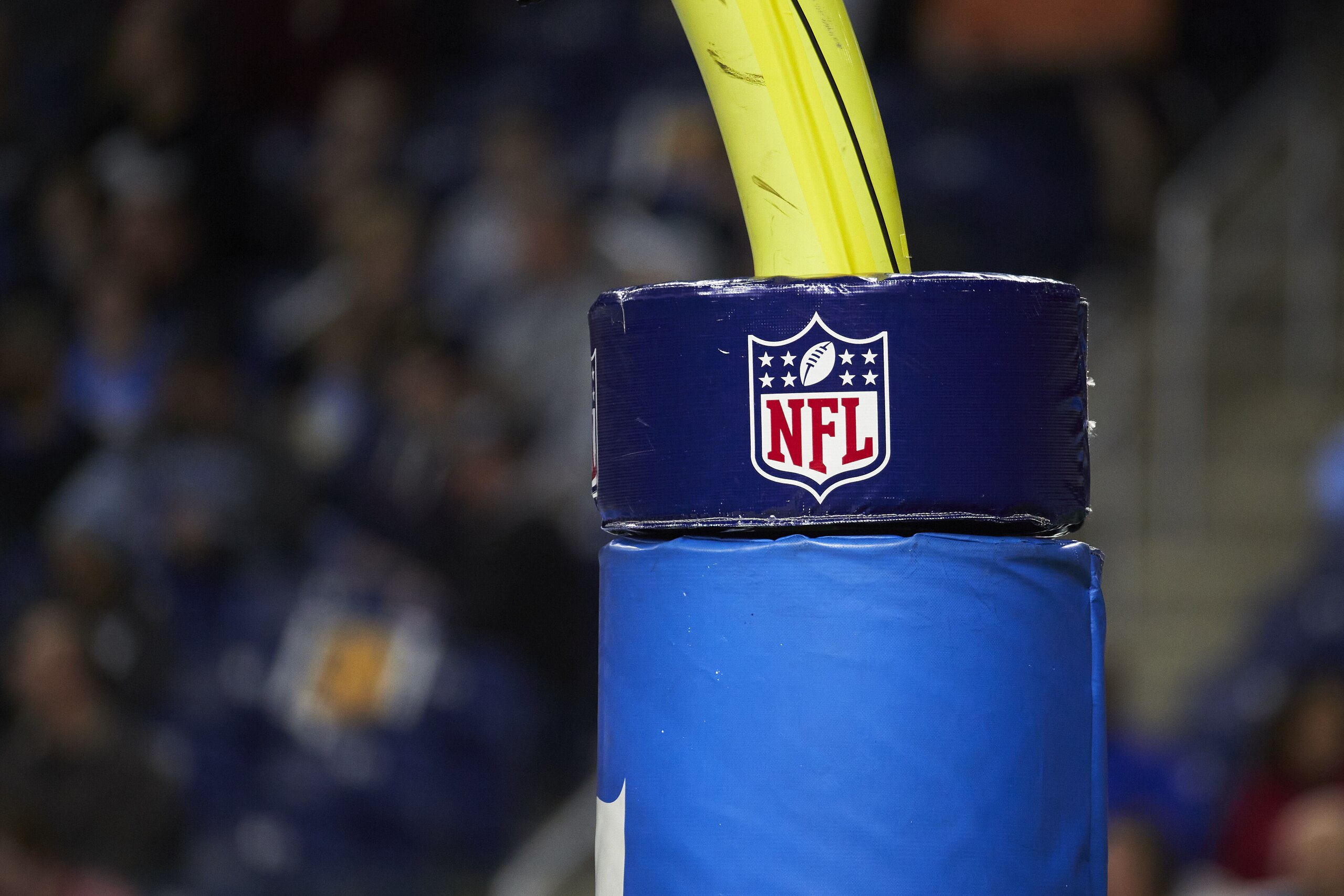 NFL logo on goal post pad during an NFL football game in Detroit, Sunday, Dec. 15, 2019. (AP Images/Rick Osentoski) NFL logo on goal post pad during an NFL football game in Detroit, Sunday, Dec. 15, 2019. (AP Images/Rick Osentoski)