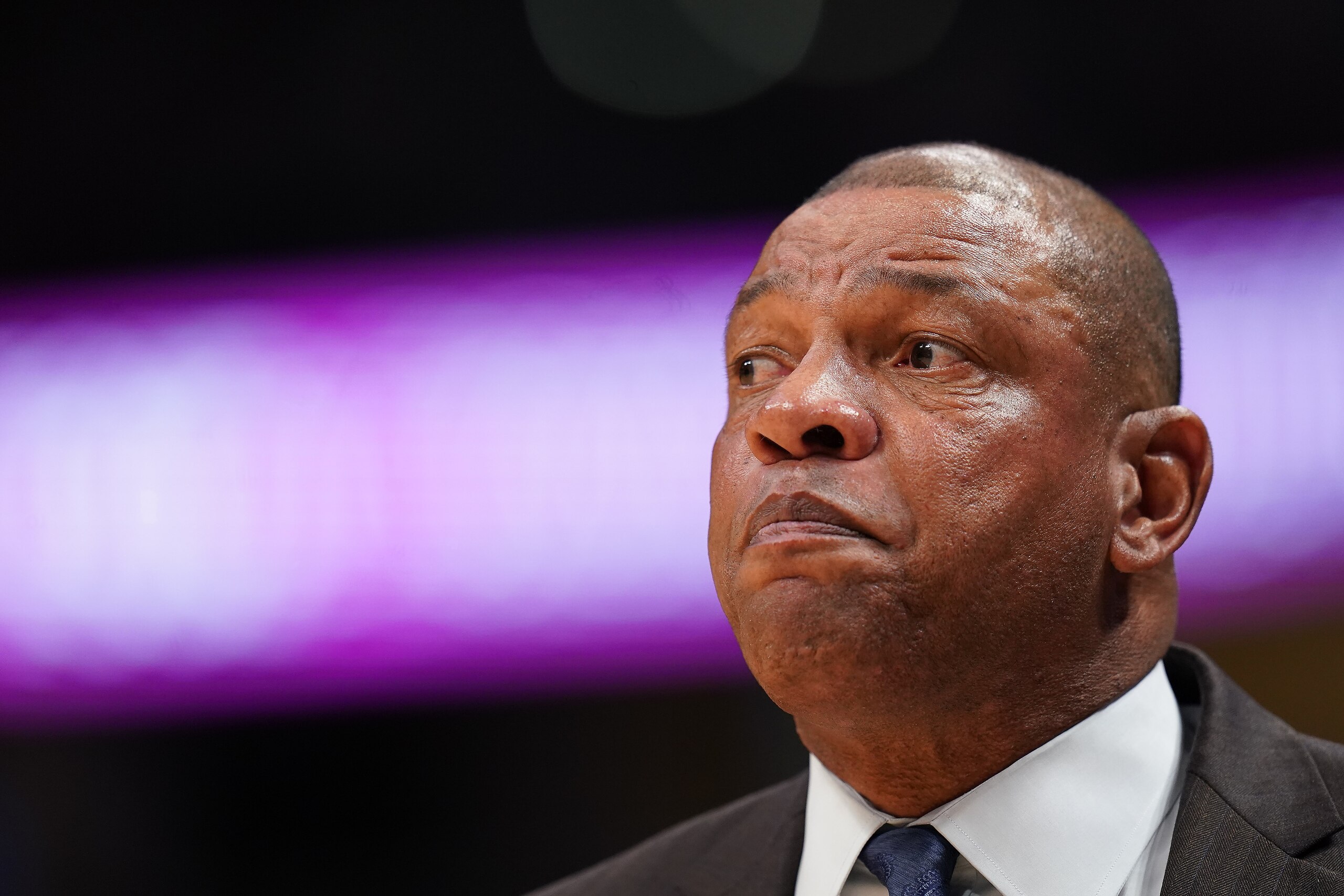 LA Clippers head coach Doc Rivers argues a call against the Denver Nuggets during the fourth quarter of an NBA basketball game, Sunday, Jan. 12, 2020, in Denver. (AP Photo/Jack Dempsey)