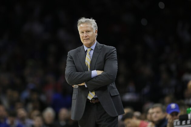 Philadelphia 76ers' Brett Brown coaches during an NBA basketball game against the Washington Wizards, Saturday, Dec. 21, 2019, in Philadelphia. (AP Photo/Matt Slocum)