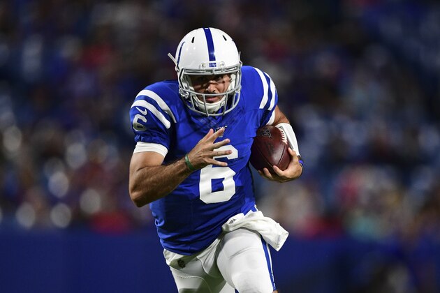 Indianapolis Colts quarterback Chad Kelly runs the ball during the second half of an NFL preseason football game against the Buffalo Bills, Thursday, Aug. 8, 2019, in Orchard Park, N.Y. (AP Photo/David Dermer)