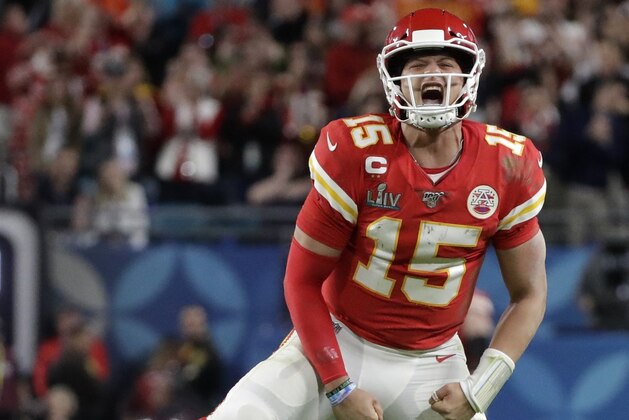 Kansas City Chiefs quarterback Patrick Mahomes (15) celebrates a long pass against the San Francisco 49ers during the second half of the NFL Super Bowl 54 football game Sunday, Feb. 2, 2020, in Miami Gardens, Fla. (AP Photo/Wilfredo Lee)