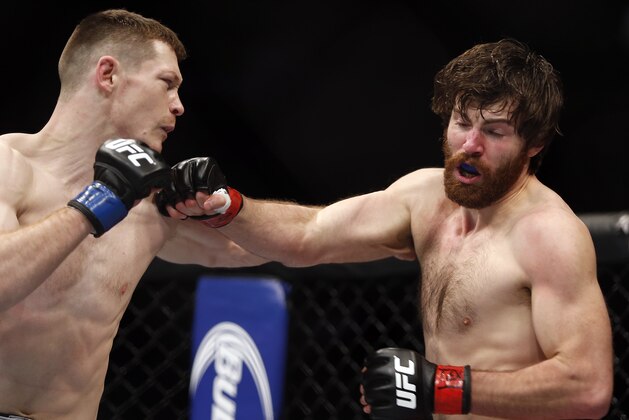 Joseph Duffy, left, of Ireland, lands a punch on Jake Lindsey during a men's lightweight UFC bout, Saturday, March 14, 2015, in Dallas. Duffy won the bout. (AP Photo/Brandon Wade)