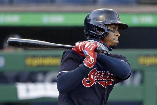Cleveland Indians' Francisco Lindor singles off Pittsburgh Pirates starting pitcher Joe Musgrove during the first inning of an exhibition baseball game in Pittsburgh, Saturday, July 18, 2020. (AP Photo/Gene J. Puskar)