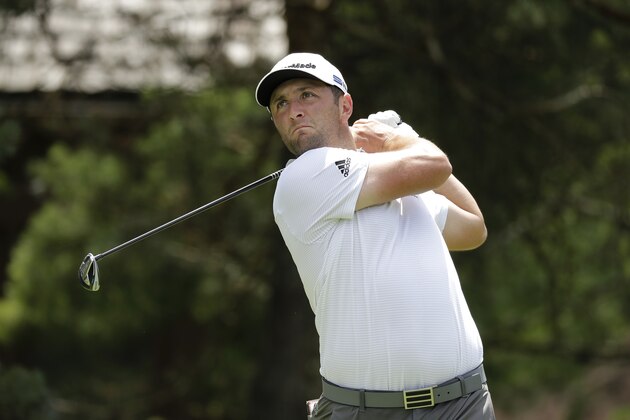 Jon Rahm, of Spain, hits from the second tee during the third round of the Memorial golf tournament, Saturday, July 18, 2020, in Dublin, Ohio. (AP Photo/Darron Cummings)