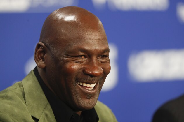 Former basketball superstar Michael Jordan speaks during a press conference ahead of NBA basketball game between Charlotte Hornets and Milwaukee Bucks in Paris, Friday, Jan. 24, 2020. (AP Photo/Thibault Camus))