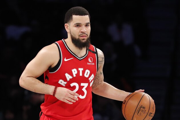 Toronto Raptors guard Fred VanVleet (23) handles the ball during the second quarter of an NBA basketball game against the Brooklyn Nets, Wednesday, Feb. 12, 2020, in New York. (AP Photo/Kathy Willens)