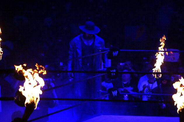 The Undertaker enters the ring before his match with Randy Orton during WrestleMania 21 at the Staples Center in Los Angeles on Sunday, April 3, 2005. (AP Photo/Chris Carlson)