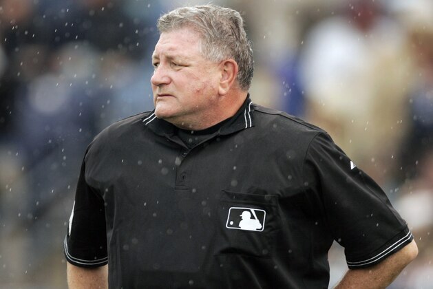 FILE - In this March 21, 2006, file photo, home plate umpire Rick Reed watches the grounds crew cover the infield during the third inning of a spring training game between the Arizona Diamondbacks and the Seattle Mariners in Peoria, Ariz. Reed, whose career as a big league umpire spanned three decades and included two All-Star games and a World Series, has died. He was 70. (AP Photo/Orlin Wagner, File)