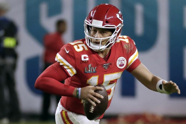 Kansas City Chiefs' quarterback Patrick Mahomes rolls out against the San Francisco 49ers during the second half of the NFL Super Bowl 54 football game Sunday, Feb. 2, 2020, in Miami Gardens, Fla. (AP Photo/Matt York)