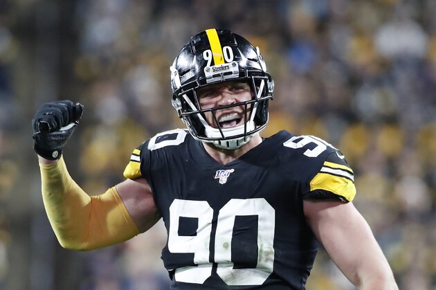 Pittsburgh Steelers outside linebacker T.J. Watt (90) encourages fans during the second half of an NFL football game against the Los Angeles Rams in Pittsburgh, Sunday, Nov. 10, 2019. (AP Photo/Don Wright)