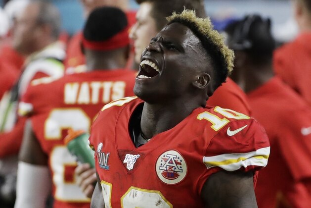 Kansas City Chiefs' Tyreek Hill (10) celebrates during the second half of the NFL Super Bowl 54 football game against the San Francisco 49ers Sunday, Feb. 2, 2020, in Miami Gardens, Fla. The Kansas City Chiefs won 31-20. (AP Photo/Seth Wenig)