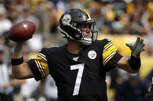 Pittsburgh Steelers quarterback Ben Roethlisberger throws a pass during the first half of a 28-26 loss to the Seattle Seahawks in an NFL football game in Pittsburgh, Sunday, Sept. 15, 2019. Roethlisberger did not play the second half of the game. (AP Photo/Gene J. Puskar)