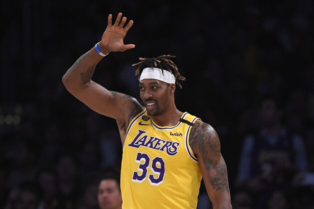 Los Angeles Lakers center Dwight Howard gestures during the first half of an NBA basketball game against the Philadelphia 76ers Tuesday, March 3, 2020, in Los Angeles. (AP Photo/Mark J. Terrill) Los Angeles Lakers center Dwight Howard gestures during the first half of an NBA basketball game against the Philadelphia 76ers Tuesday, March 3, 2020, in Los Angeles. (AP Photo/Mark J. Terrill)