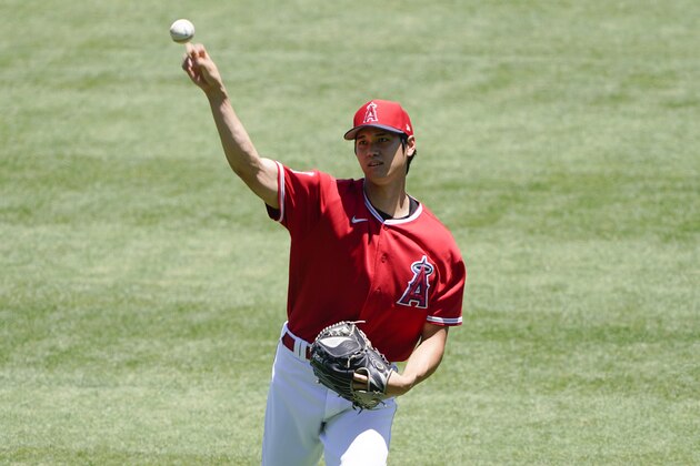 Los Angeles Angels designated hitter Shohei Ohtani warms up during baseball practice at Angel Stadium on Friday, July 10, 2020, in Anaheim, Calif. (AP Photo/Ashley Landis)