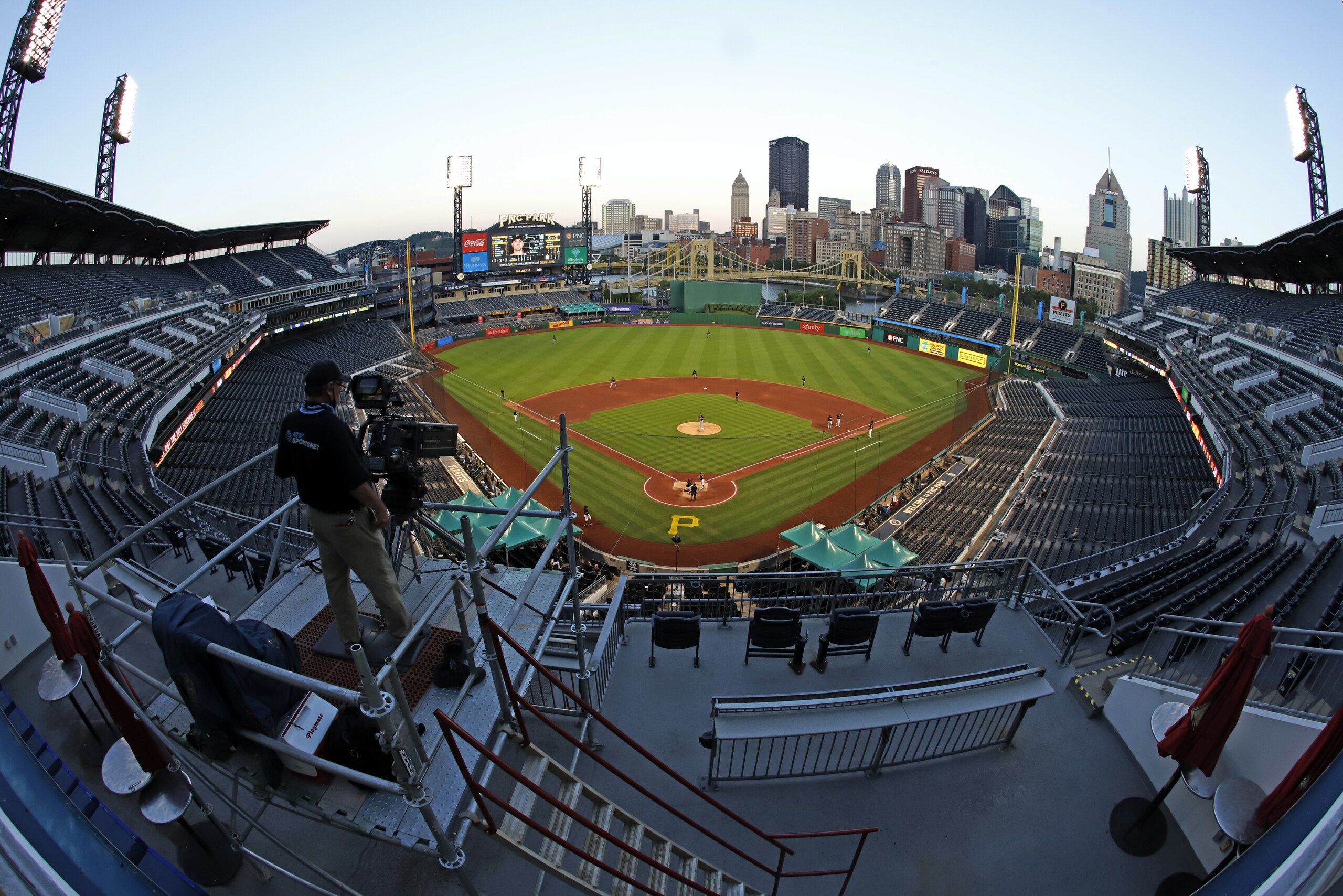 The Cleveland Indians and Pittsburgh Pirates play an exhibition baseball game at PNC Park in Pittsburgh, Saturday, July 18, 2020. The Indians won 5-3. (AP Photo/Gene J. Puskar)