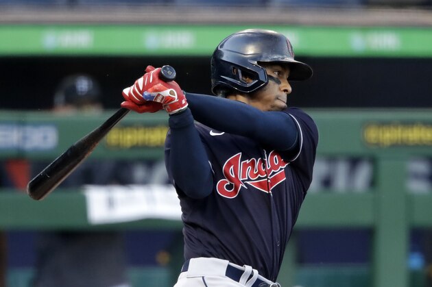 Cleveland Indians' Francisco Lindor bats during an exhibition baseball game against the Pittsburgh Pirates in Pittsburgh, Saturday, July 18, 2020. (AP Photo/Gene J. Puskar)