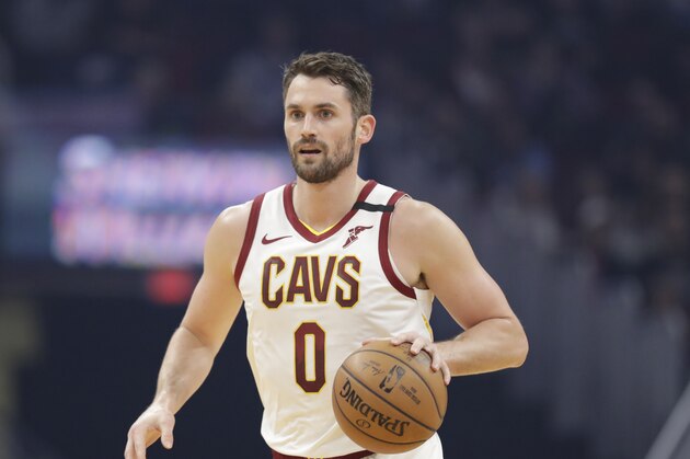 Cleveland Cavaliers' Kevin Love drives against the Miami Heat in the first half of an NBA basketball game, Monday, Feb. 24, 2020, in Cleveland. (AP Photo/Tony Dejak)