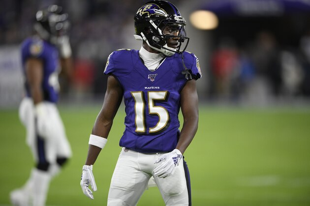 Baltimore Ravens wide receiver Marquise Brown (15) stands on the field during the first half an NFL divisional playoff football game against the Tennessee Titans, Saturday, Jan. 11, 2020, in Baltimore. (AP Photo/Nick Wass)
