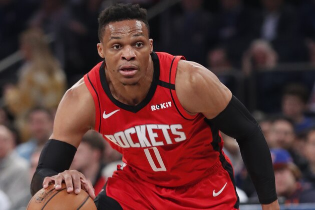Houston Rockets guard Russell Westbrook (0) drives to the basket during the first quarter of an NBA basketball game against the New York Knicks in New York, Monday, March 2, 2020. (AP Photo/Kathy Willens)